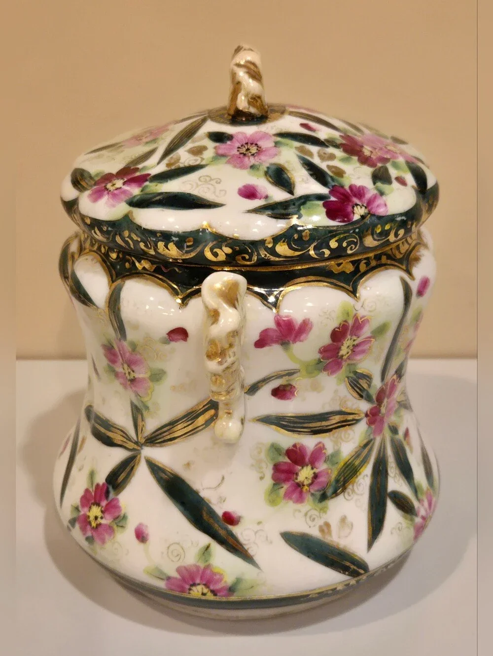 Hand-Painted Floral Porcelain Jar with Lid - Pink & Green